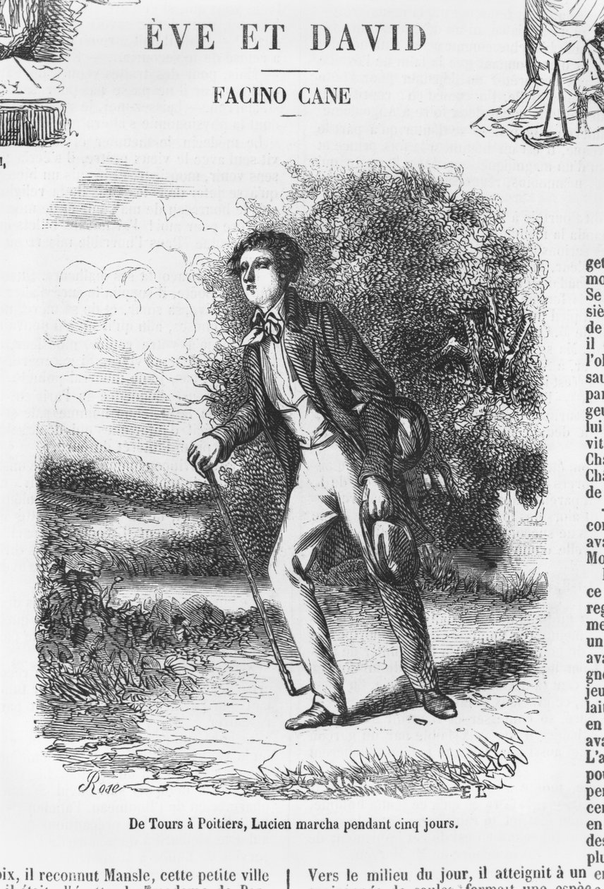 Toursista Poitiersiin, Lucien de Rubempre kävelee viisi päivää, kuvitus Honore de Balzacin teoksesta "Les Illusions perdues" tekijältä French School