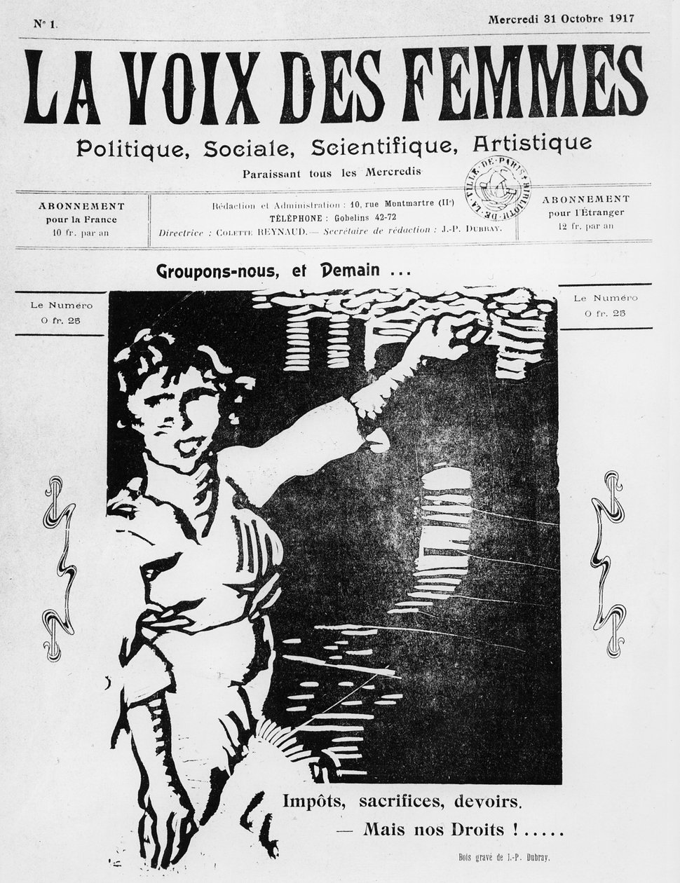 Pariisissa lokakuussa 1917 julkaistun La Voix des Femmesin etukansi (painettu paperi ja puupiirros) tekijältä French School