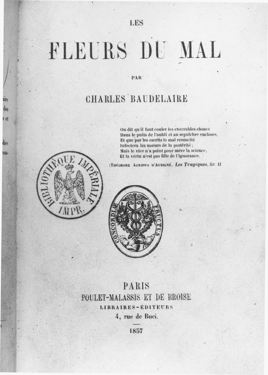 Charles Baudelairen (1821-67) Les Fleurs du malin ensimmäisen painoksen etukansi, julkaisija Poulet-Malassis et de Broise, 1857 tekijältä French School