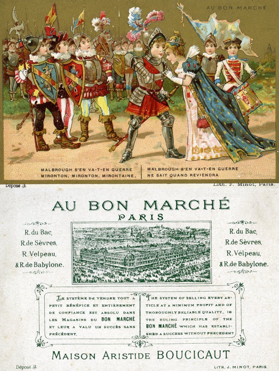 Etu- ja takapuoli Pariisin Au Bon Marché -tavaratalon mainoskortin, jossa on yksi suosituimmista ranskankielisistä kansanlauluista, Marlbrough sen va-t-en guerre (Marlborough). tekijältä French School