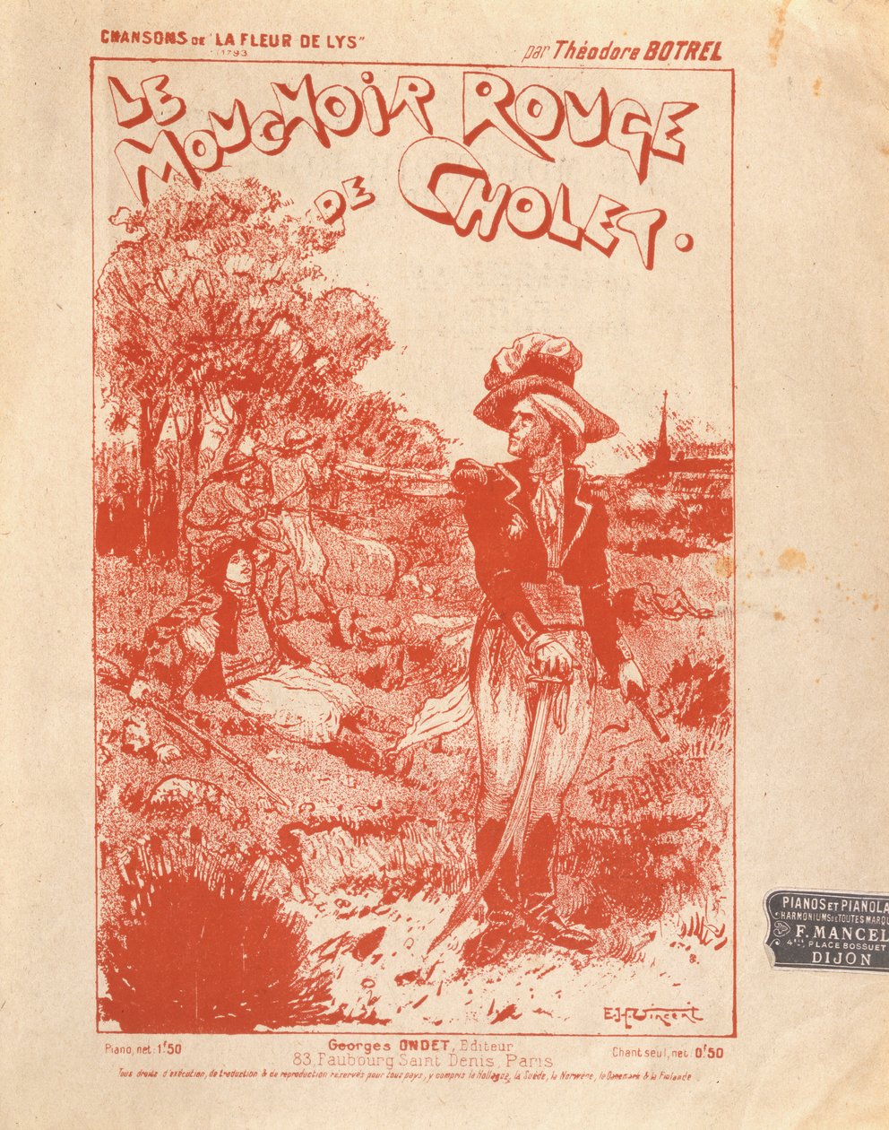 Etukansi Theodore Botrelin kirjoittaman ja säveltäneen Le Mouchoir Rouge de Cholet -kappaleen nuotiolle tekijältä French School
