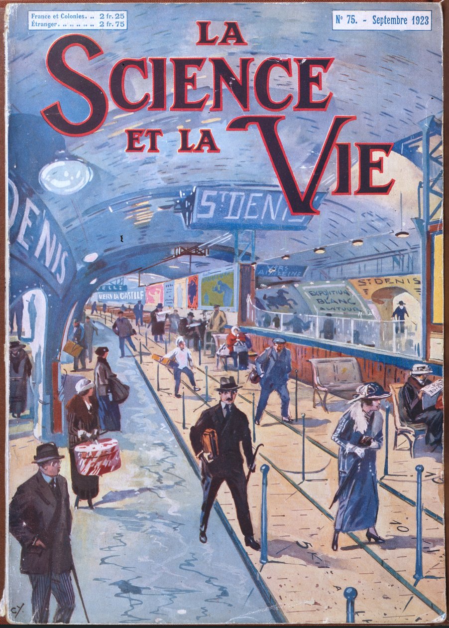"La Science et la Vie" -kirjan etukansi, joka havainnollistaa Pariisin metron liikkuvan kävelytien hanketta, syyskuu 1923 (värilitho) tekijältä French School