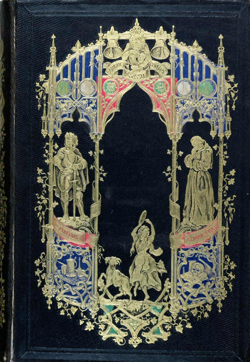 Etukansi Victor Hugon (1802-85) Notre-Dame de Parisin painokselle, julkaisija Editions Perrotin, Paris, 1844 (nahkaa ja kultaa) tekijältä French School