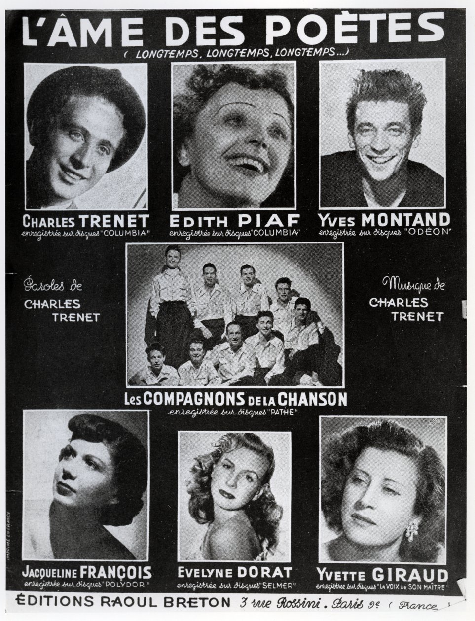 Etukansi kappaleen LAme des Poetes partituurista Charles Trenetin sanoilla ja musiikilla, julkaissut Pariisissa Editions Raoul Breton tekijältä French School