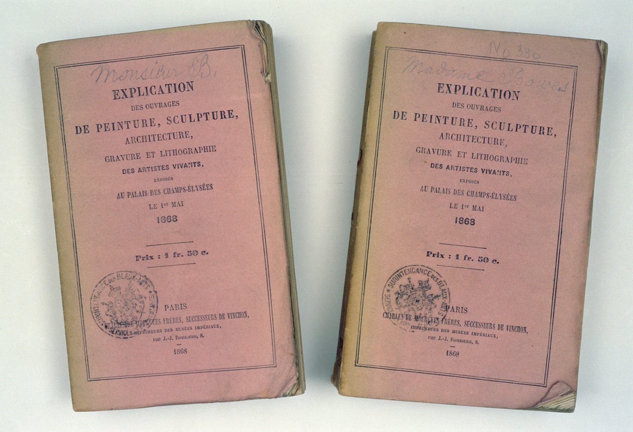 Kahden ranskalaisen salonkiluettelon etukannet, jotka on annettu herra ja rouva Bowesille, 1868 tekijältä French School