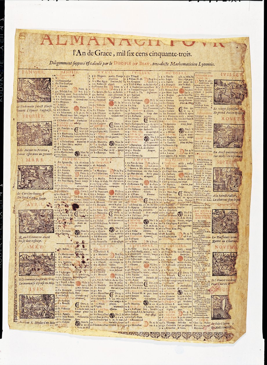 Almanakan etusivu vuodelle 1653 (muste paperille) tekijältä French School