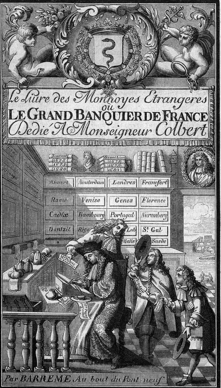 Ranskalaisen matemaatikon Francois Barremen (1638-1703) "Ulkomaiden valuuttojen kirja tai Ranskan suuri pankkiiri" (1687) etulevy. Kynällä kirjoittava hahmo on luultavasti muotokuva kirjailijasta. Kaiverrus "" maalauksellisessa kaupassa"" tekijältä French School