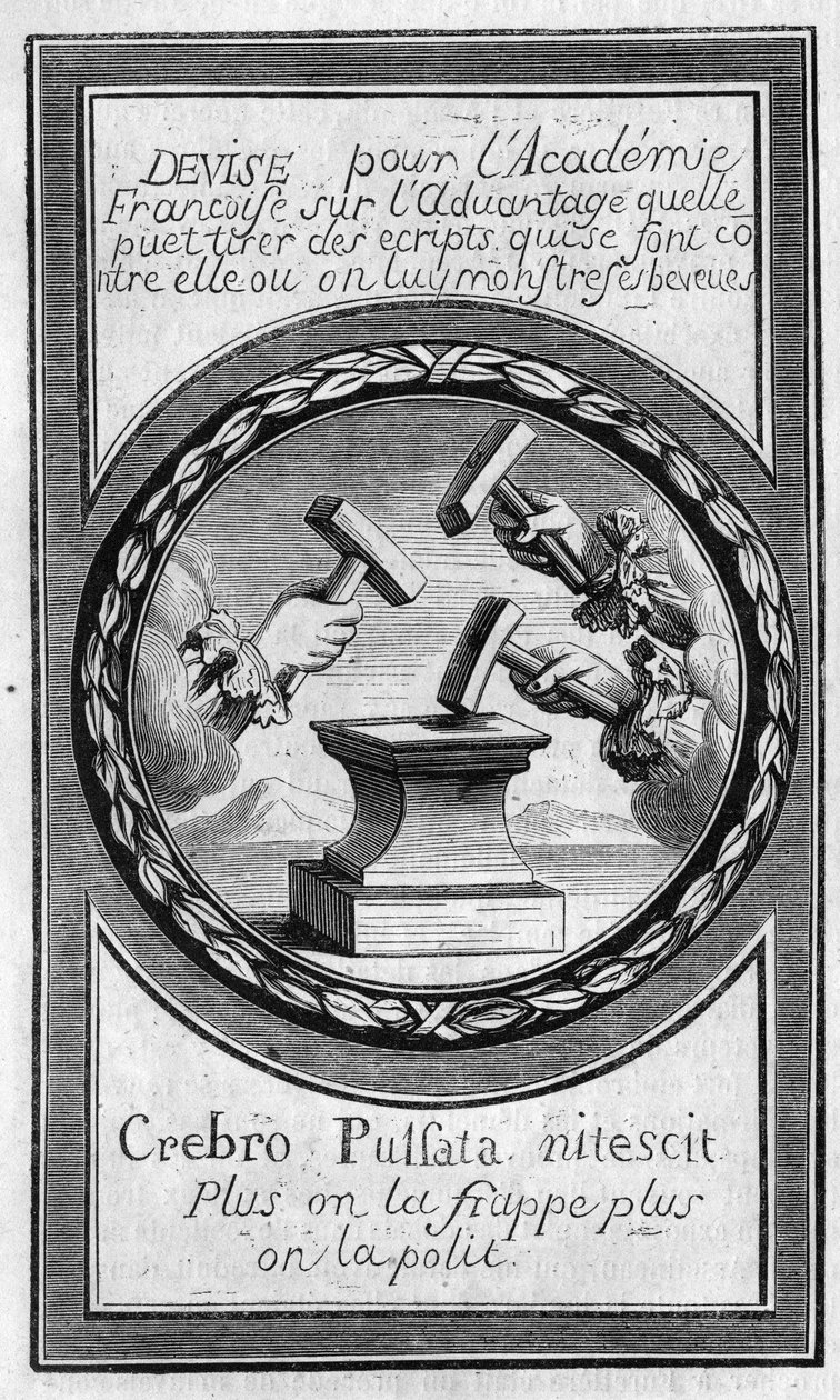 Antoine Furetiere (1619-1688) "Factumien" eturintamassa Ranskan Akatemiaa vastaan. Kaiverrus vuodelta 1860. tekijältä French School