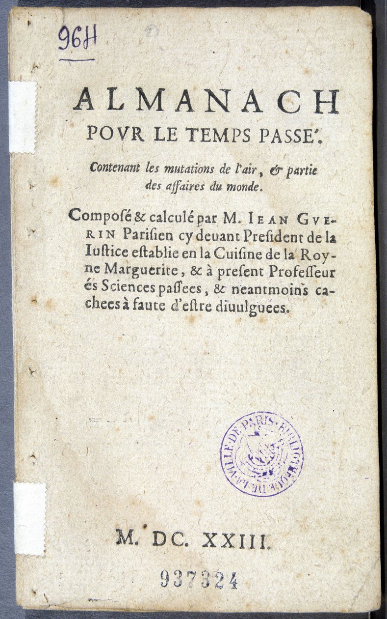 Jean Guerinin kirjan "Almanach pour le temps passé" etukappale tekijältä French School