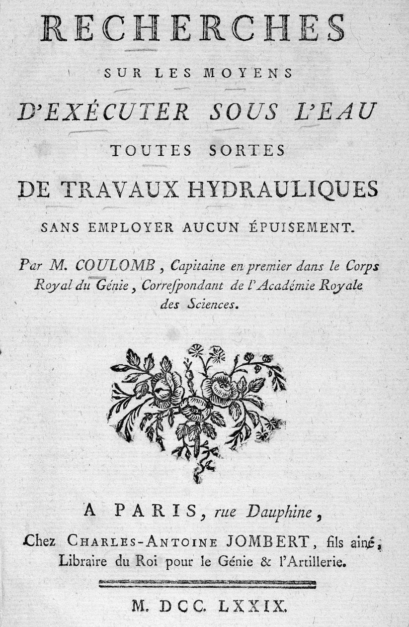 Coulombin kirjan "" Tutkimus tapoista suorittaa veden alla kaikenlaisia hydraulitöitä" eturintamassa tekijältä French School