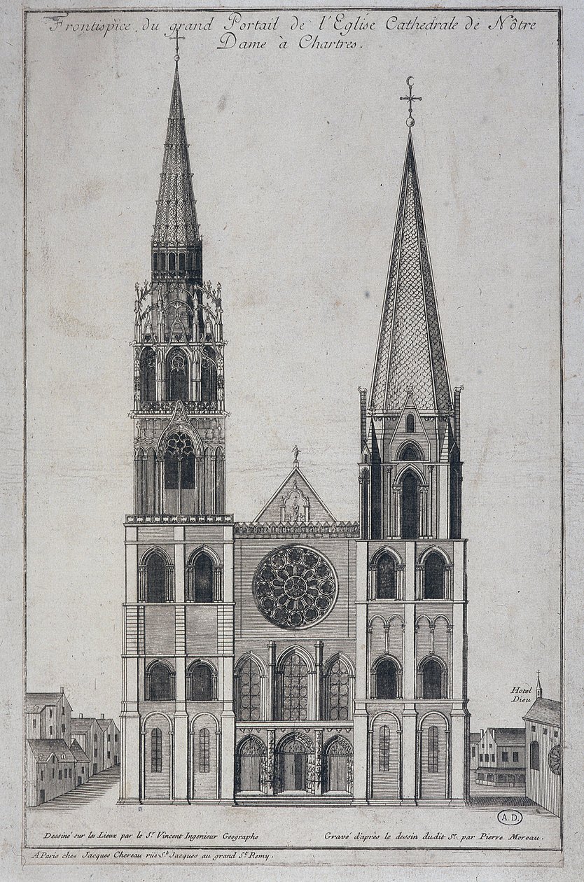 Cathedrale de Notre Dame à Chartresin suuren portaalin etupiha, jonka on suunnitellut paikan päällä Saint Vincent Geographer Engineer, sd. 1800-luvulla tekijältä French School