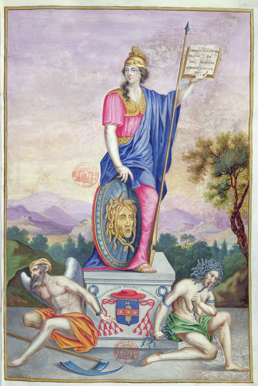 Puget de la Serren edustama allegorinen kuva jumalatar Minervasta Les Panegyriques des Hommes Illustres de Notre Sieclen kuvasta, 1655 tekijältä French School