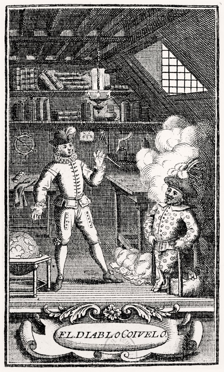 Dubercellen etukappale elokuvalle "The Devil upon Two Sticks", n. 1787 tekijältä French School