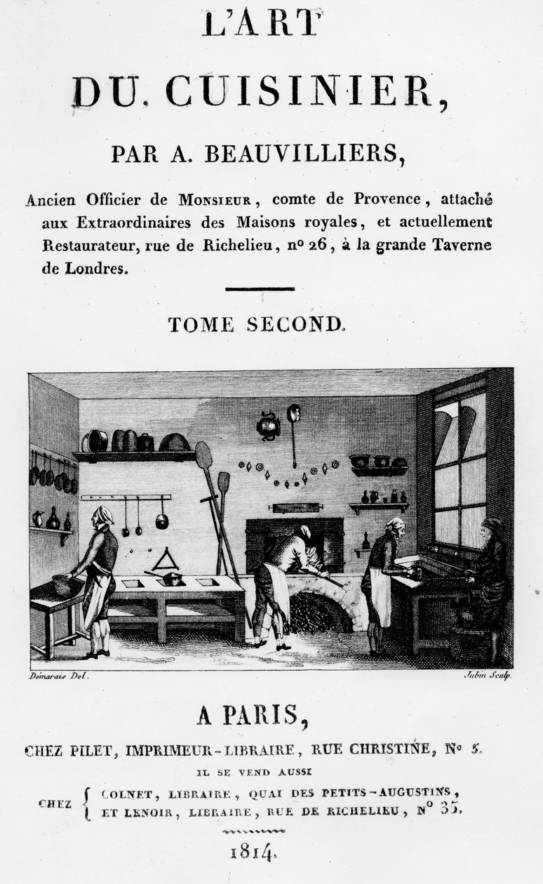 Antoine Beauvilliersin LArt du Cuisinierin etukappale, kaivertanut Jubin, julkaistu 1814 tekijältä French School