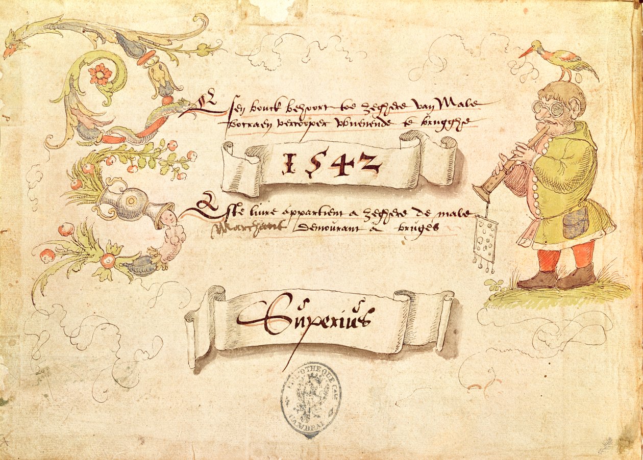 Etukappale Recueil de chants religieux et profanes IX:stä, joka esittää silmälasillista miestä soittamassa puhallinsoittimella lintu päässään, 1542 tekijältä French School