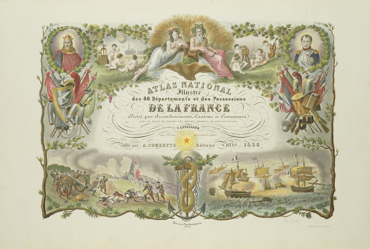 Frontispiece of Atlas Nacional Illustre des 86 Departments et des Possessions de la France, Victor Levasseur 1856 (käsinvärinen kaiverrus) tekijältä French School