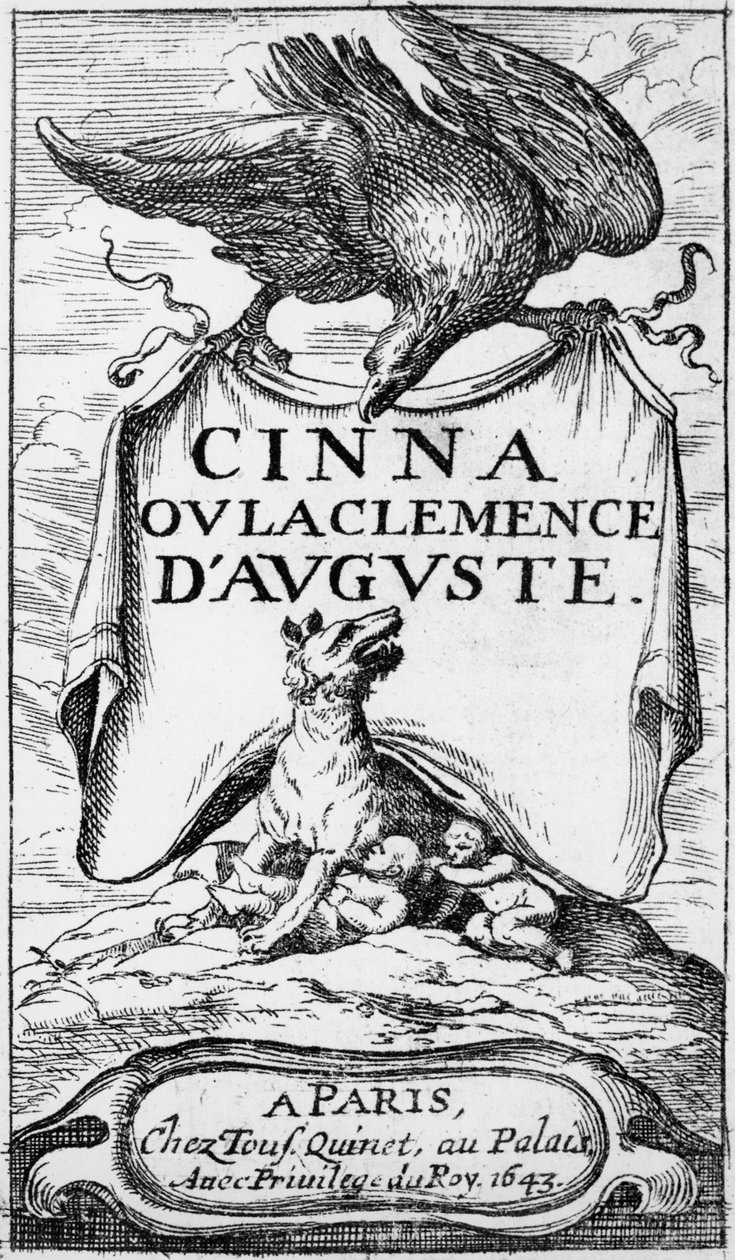Pierre Corneillen (1606-84) Cinna ou la Clemence dAugusten etulevy, julkaistu vuonna 1643 tekijältä French School