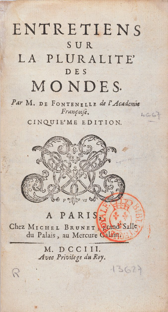 Bernard Le Bovier de Fontenellen (1657-1757) kirjoittama haastattelujen etukappale maailmojen monimuotoisuudesta, julkaistu vuonna 1773 tekijältä French School