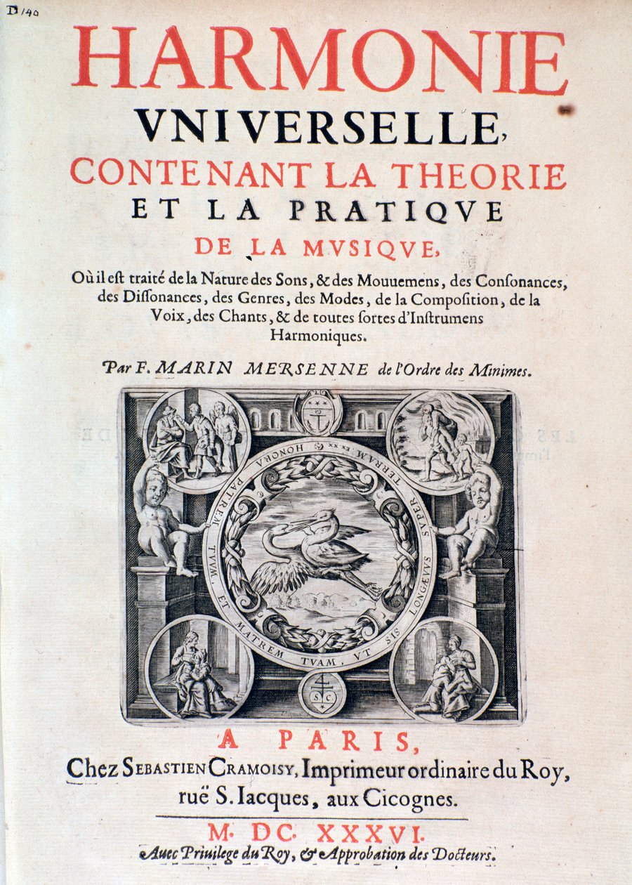 Harmonie universelle -elokuva, joka sisältää Marin Mersennen (Marin Mersennus tai le Pere Mersenne) (1588-1648) musiikin teorian ja käytännön, 1637. tekijältä French School