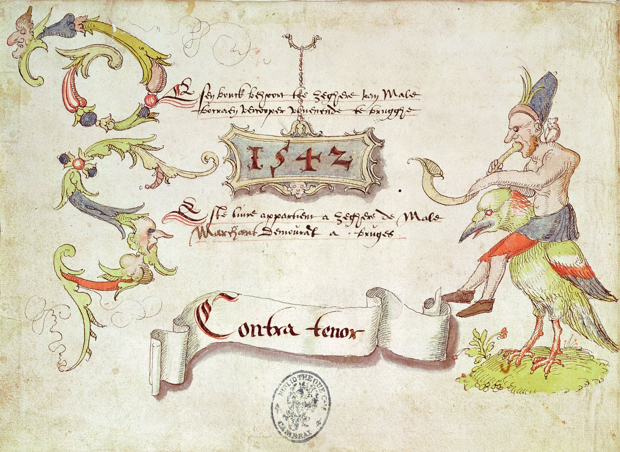 Recueil de chants religieux et profanes II:n etulevy, jossa mies soittaa kaarevaa puhallinsoitinta, ratsastaa linnulla, kontratenoriosa, 1542 tekijältä French School