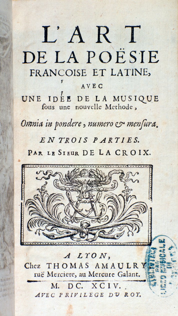 Ranskalaisen ja latinalaisen runouden taiteen etukappale, ajatus musiikista uudella menetelmällä, Pherotee La Croix tekijältä French School