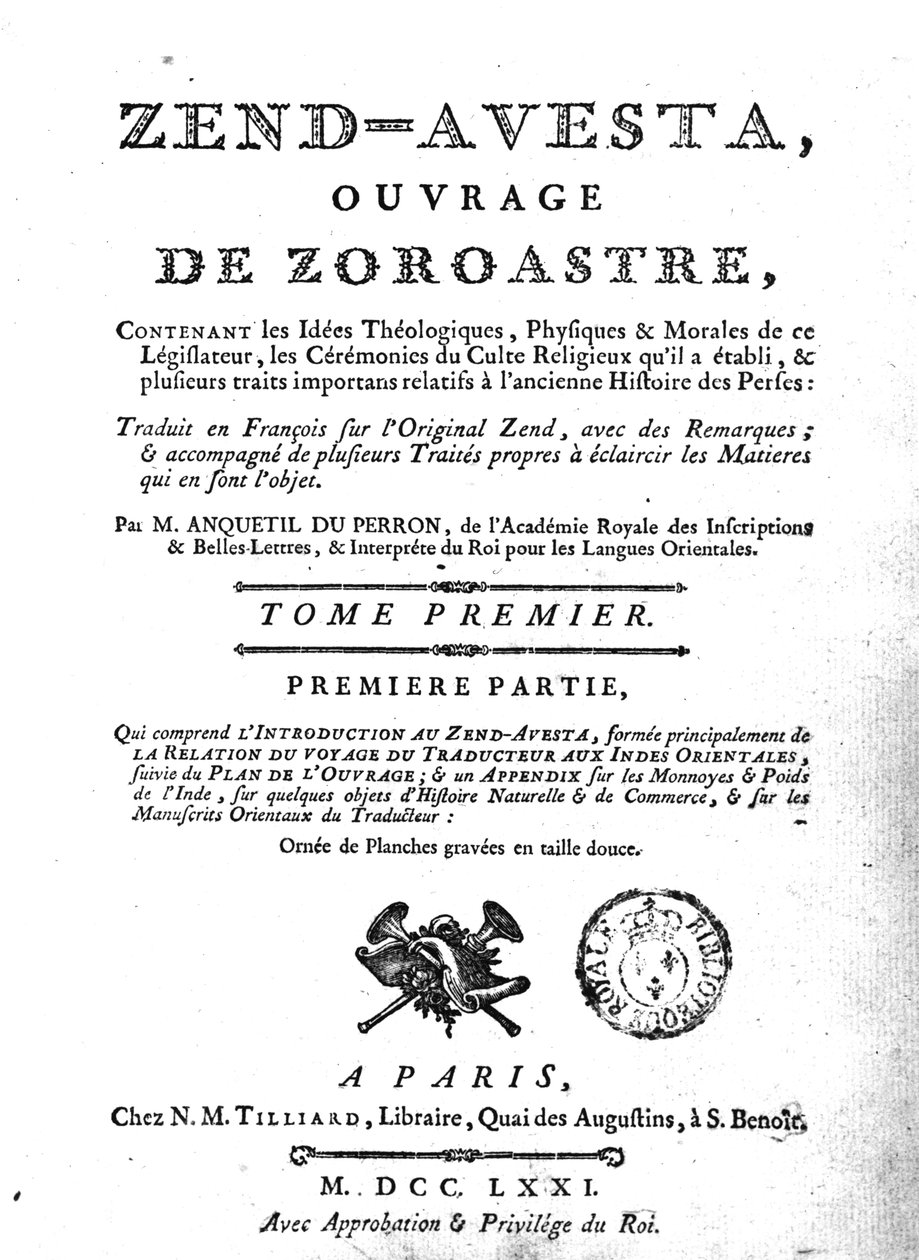 Etukuva Zend Avestan painoksesta, 1771 tekijältä French School