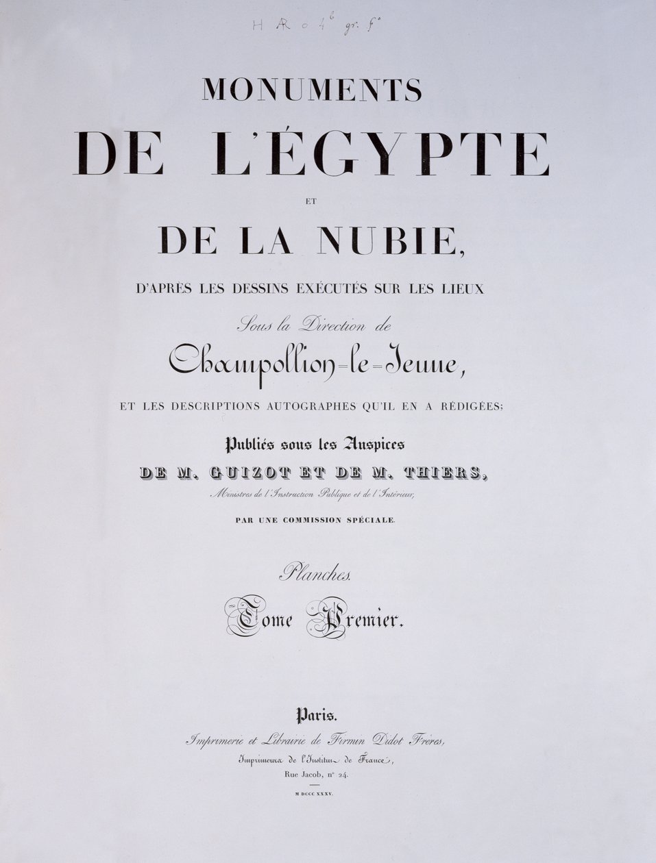 Taiteilijan ensimmäinen osa Monuments de lEgypte et de la Nubie, julkaissut Pariisissa Firmin-Didot, 1835 tekijältä French School