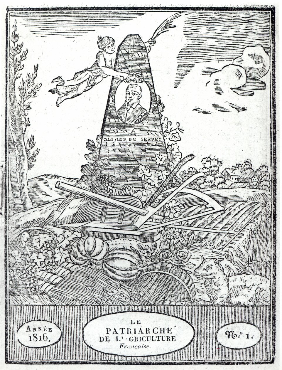 Maatalousalmanaksin etupuoli, jossa on muotokuva Olivier de Serresistä (1539-1619) 1816 tekijältä French School