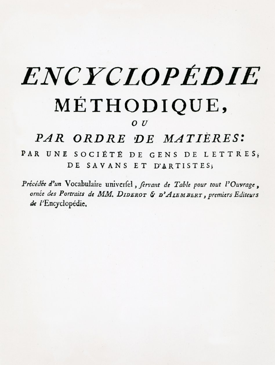 Frontispiece to the Methodical Encyclopedia by Order of Subject Matter, toimittajina Denis Diderot ja Jean Le Rond DAlembert, julkaistu 1782 (painettu) tekijältä French School