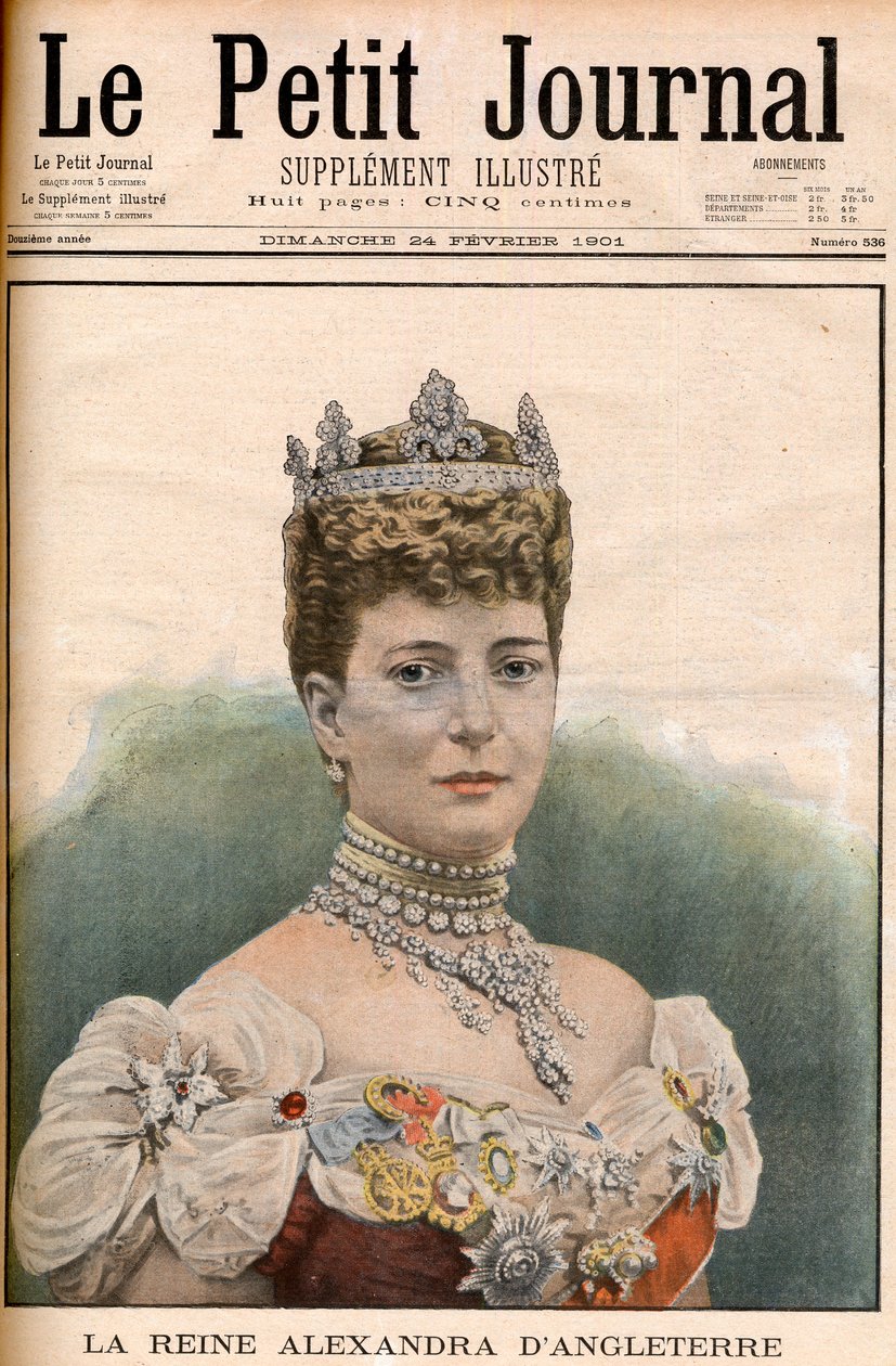 Ranskalaisen sanomalehden Englannin kuningatar Alexandran (1844-1925) etusivu kuningas EdwardVII:n vaimon "Le Petit Journal" 24. helmikuuta tekijältä French School