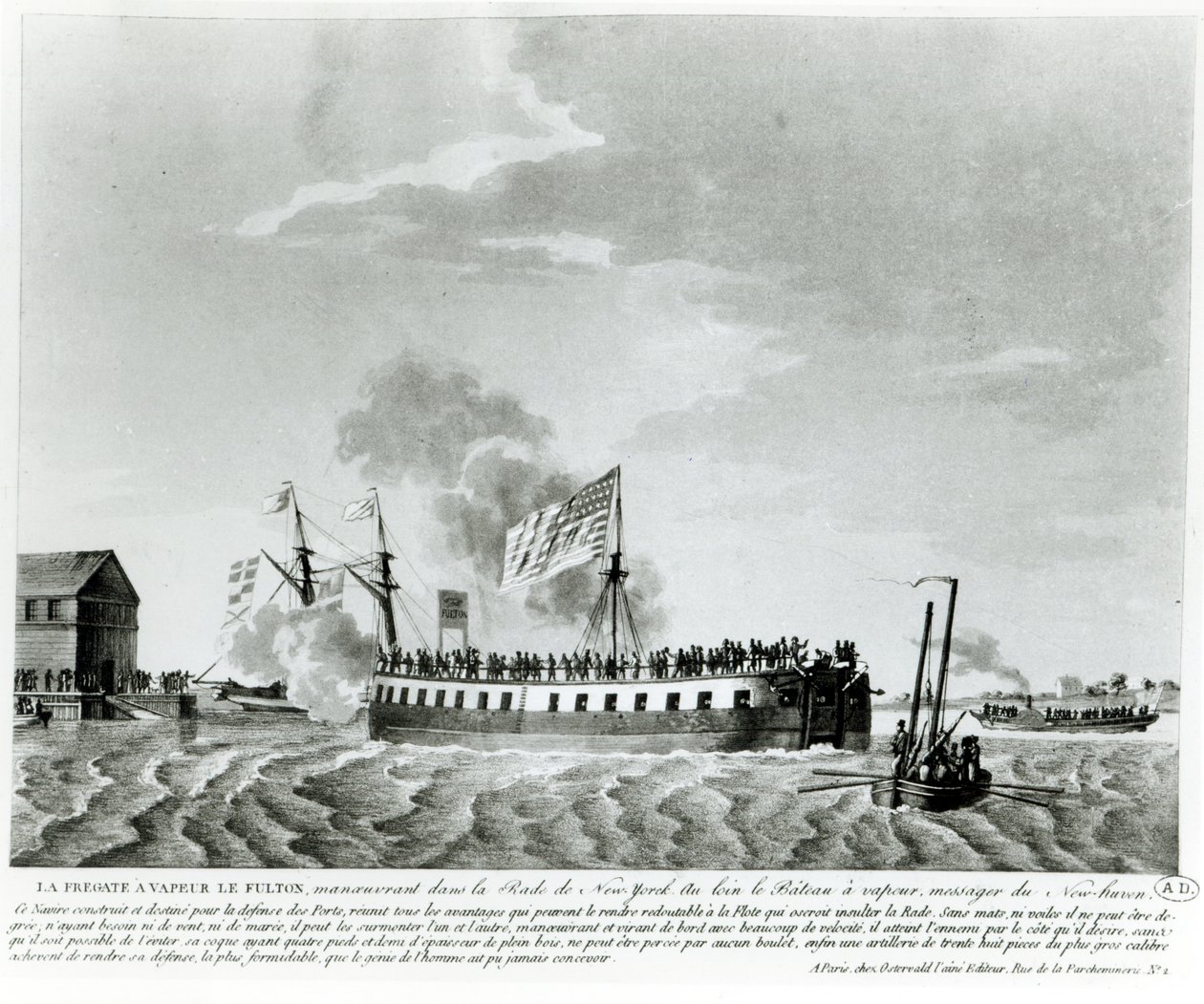 Fultons Höyrykäyttöinen sotalaiva, Fulton the First, jonka Robert Fulton suunnitteli ja rakensi New Yorkin puolustamiseen vuoden 1812 sodassa (bw-kuva 1800-luvun alun kaiverruksesta) tekijältä French School