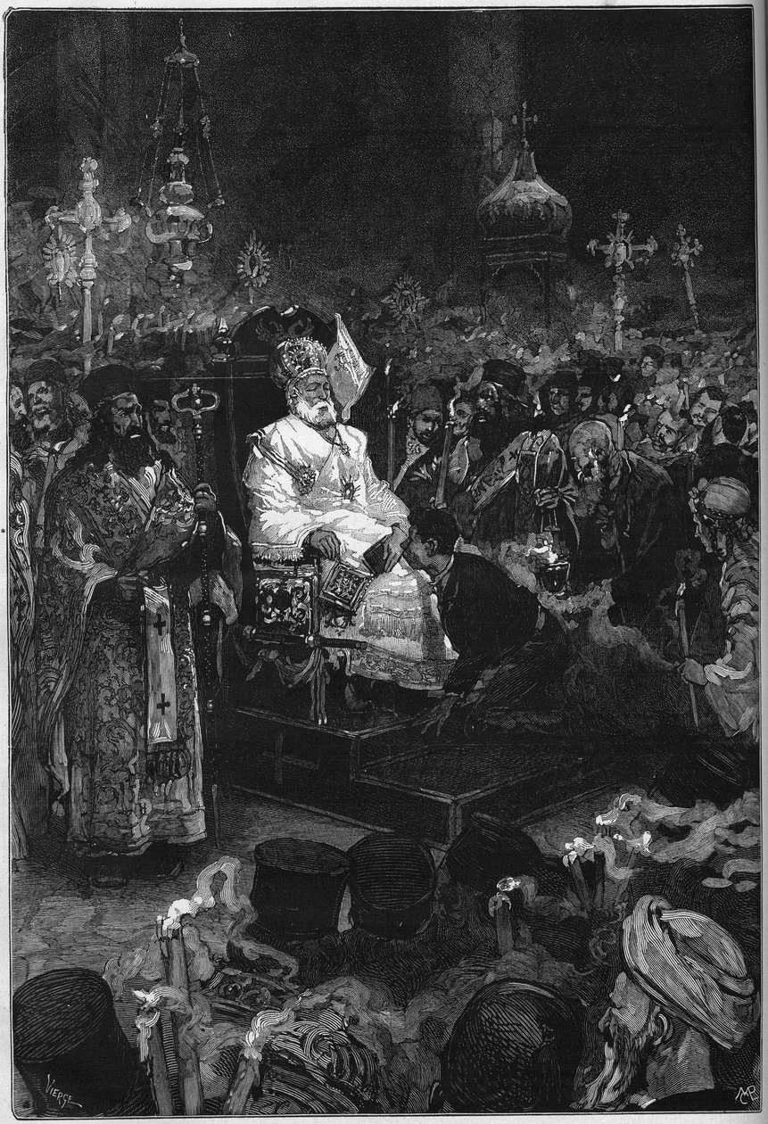 Joakim II:n (1791-1878) hautajaiset: Konstantinopolin ekumeenisen patriarkan ruumis on esillä Phanarin patriarkaalisessa kirkossa. Hän on pukeutunut papillisiin vaatteisiinsa ja hiippaan. Kaiverrus "" Le Monde Illustré" -julkaisussa nro 1123, 5. lokakuuta  tekijältä French School