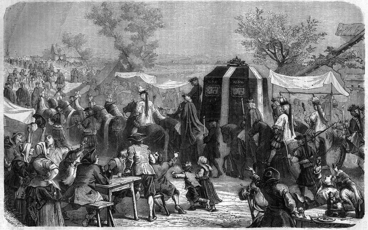 Ludvig XIV:n hautajaiset vuonna 1715. Kaiverrus Maurice Lachatren teokseen "Paavien-kuninkaiden-kuningattaren ja keisarien historia vuosisatojen ajan" tekijältä French School