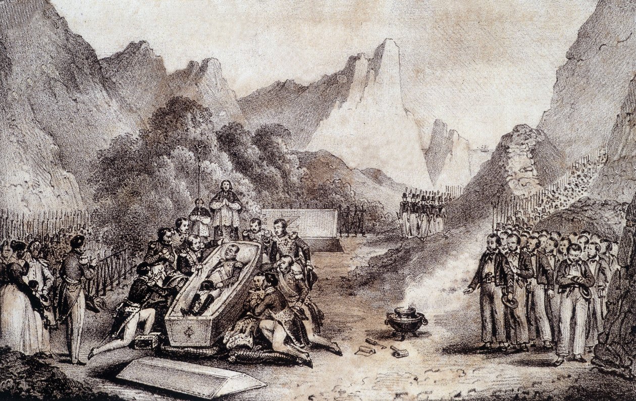 Napoleon I:n hautajaiset: Napoleonin ruumiin kaivaus St. Helenassa - piirros Levillystä, M. St Mauricen "" Historiallinen maalaus Napoleonin hautajaisista"" n. 1851. tekijältä French School