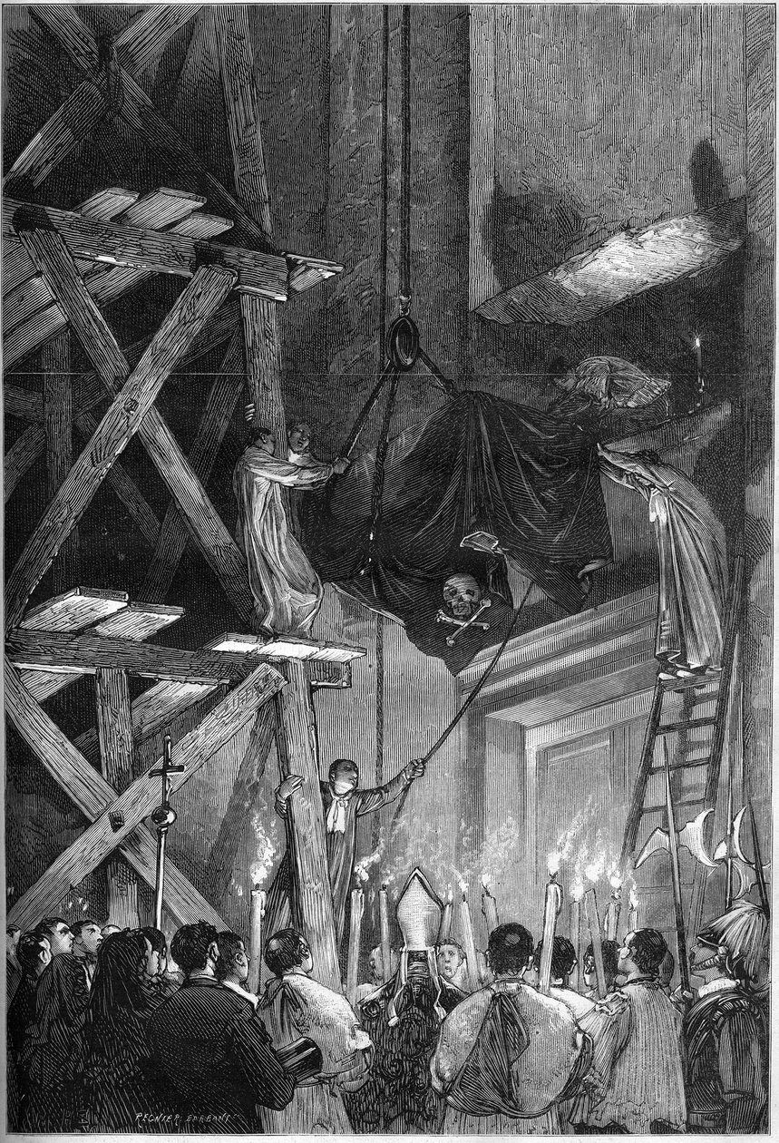 Paavi Pius Ixin (Pion) (1792-1878) hautajaiset: ruumiin hautaaminen Pietarinkirkolle Roomassa. Kaiverrus "" Le Monde Illustré" -julkaisussa nro 1093, 9. maaliskuuta 1878. tekijältä French School
