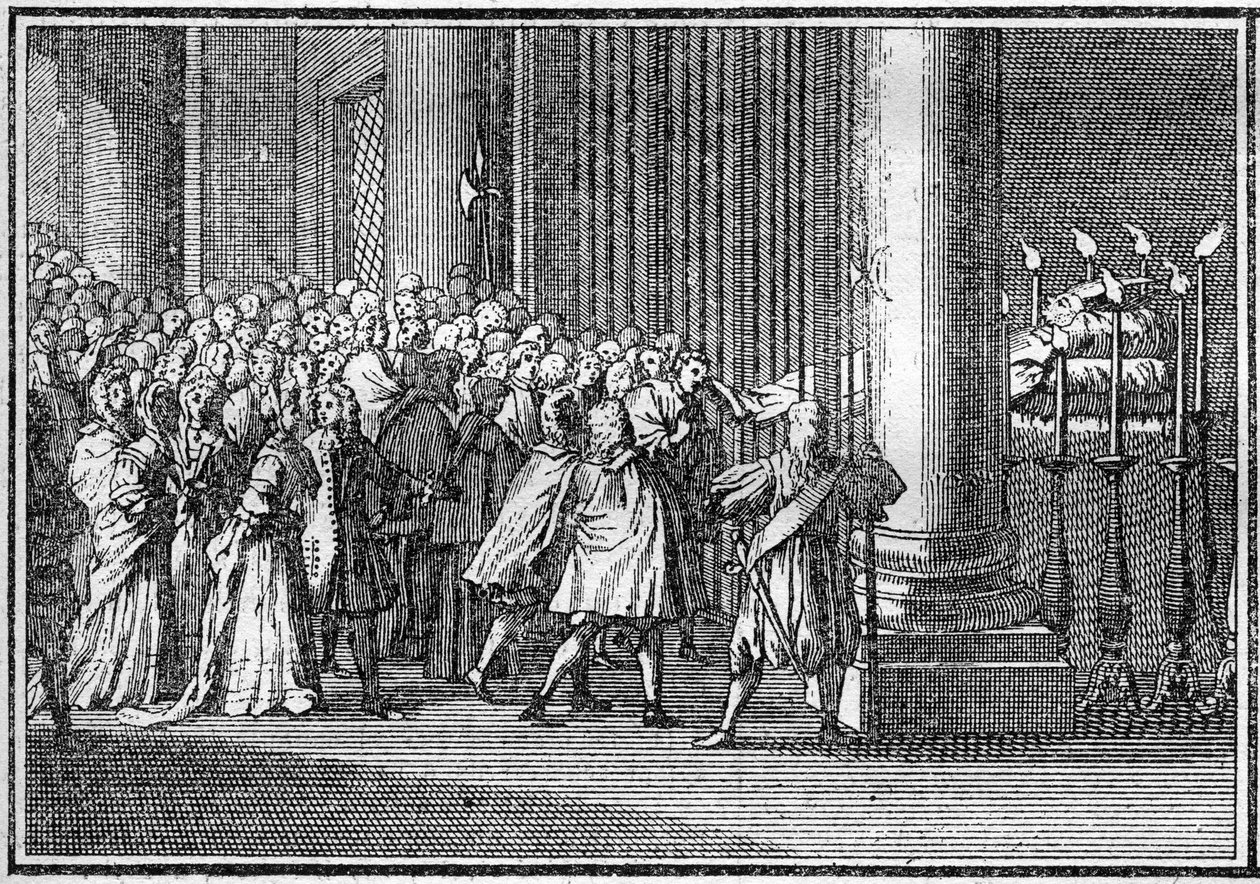 Paavin hautajaiset 1700-luvulla: paavin ruumis on kolme päivää esillä Pyhän Pietarin kirkossa Roomassa. Kaiverrus kirjaan "Histoire des religijs"". tekijältä French School