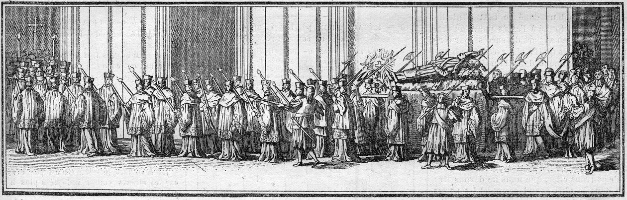 Paavin hautajaiset 1700-luvulla: paavin ruumis kuljetetaan Pyhän Pietarin kirkkoon Roomaan. Kaiverrus kirjaan "Histoire des religijs"". tekijältä French School