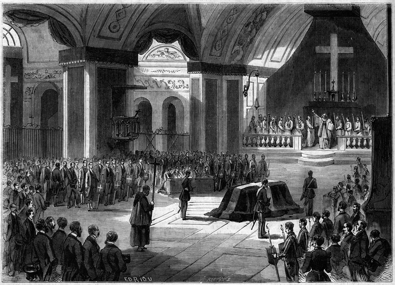 Cavourin kreivin hautajaiset Torinossa 7. kesäkuuta 1861: Enkelten Madonnan kirkon sisäkuva seremonian aikana. Kaiverrus "" Le Monde Illustré" -julkaisussa nro 219, 22. kesäkuuta 1861. tekijältä French School