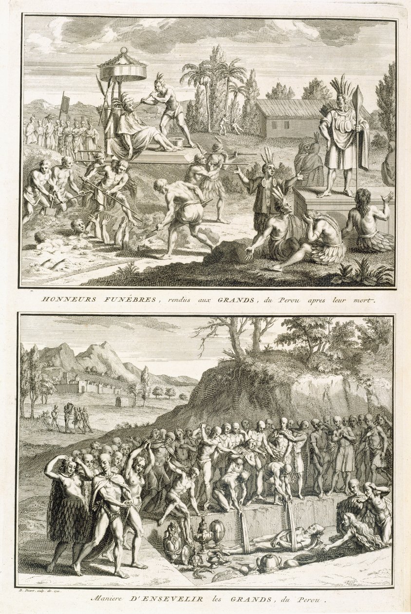 Hautajaisrituaalit ja herrojen hautaustavat heidän kuolemansa jälkeen, Perussa, kuvitus uskonnollisista seremonioista ja tavoista, kaivertanut Bernard Picart (1673-1733) 1722 tekijältä French School