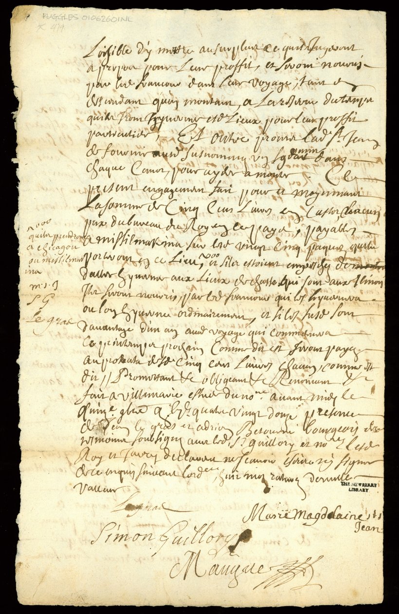 Turkiskauppasopimus Francois Francoeurin ja neljän matkamiehen välillä tavaroiden kuljetuksista ja majavanantojen ostamisesta Michilimackinacissa ja Chicagossa, 1692 (katso myös 332318) tekijältä French School