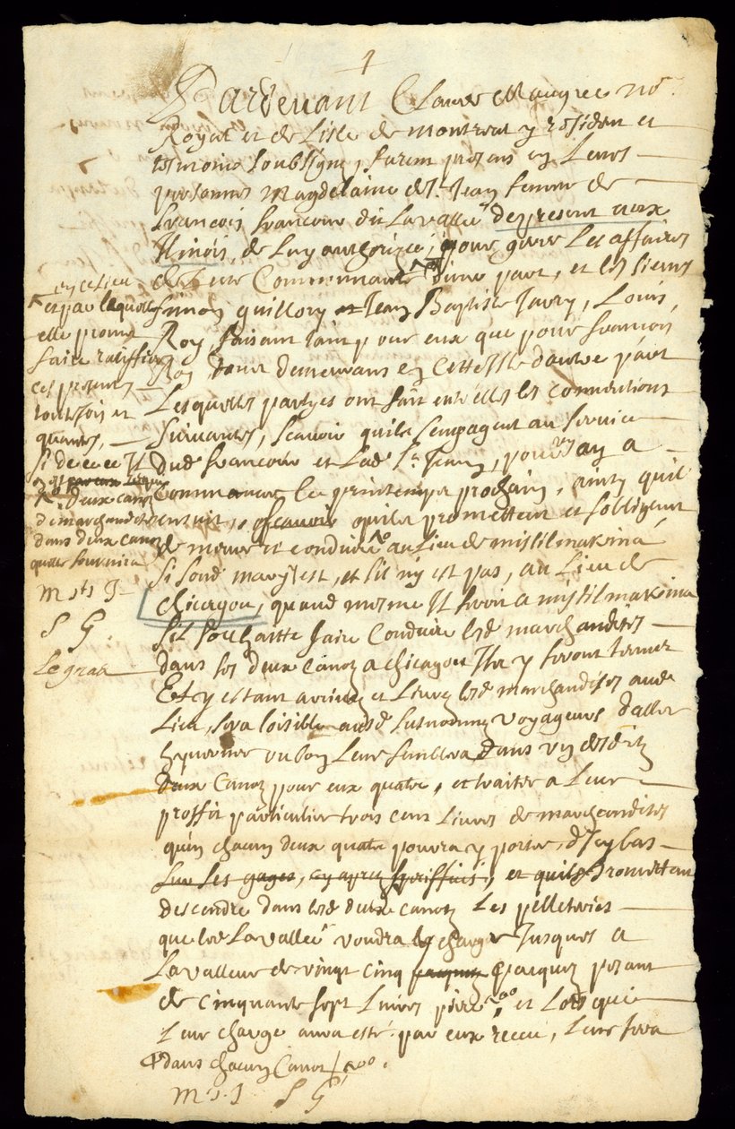 Turkiskauppasopimus Francois Francoeurin ja neljän matkailijan välillä tavaroiden kuljetuksista ja majavanantojen ostamisesta Michilimackinacissa ja Chicagossa, 1692 (katso myös 332317) tekijältä French School