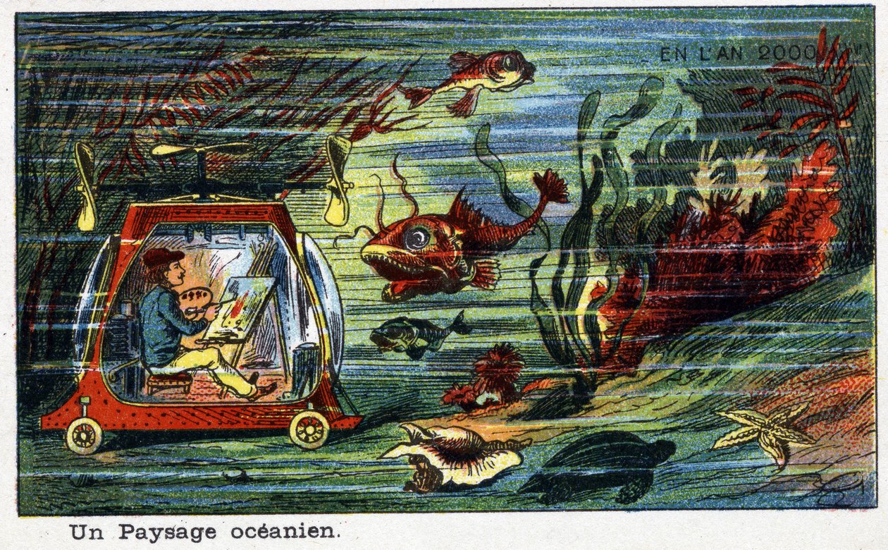 Futuredays: 1800-luvun visio vuodelle 2000 - Sarja "" Vuonna 2000"": Ocean Landscape (maalari, joka maalaa maisemaa meren alla pienessä vedenalaisessa ajoneuvossa). Villemardin kromolitografia tekijältä French School