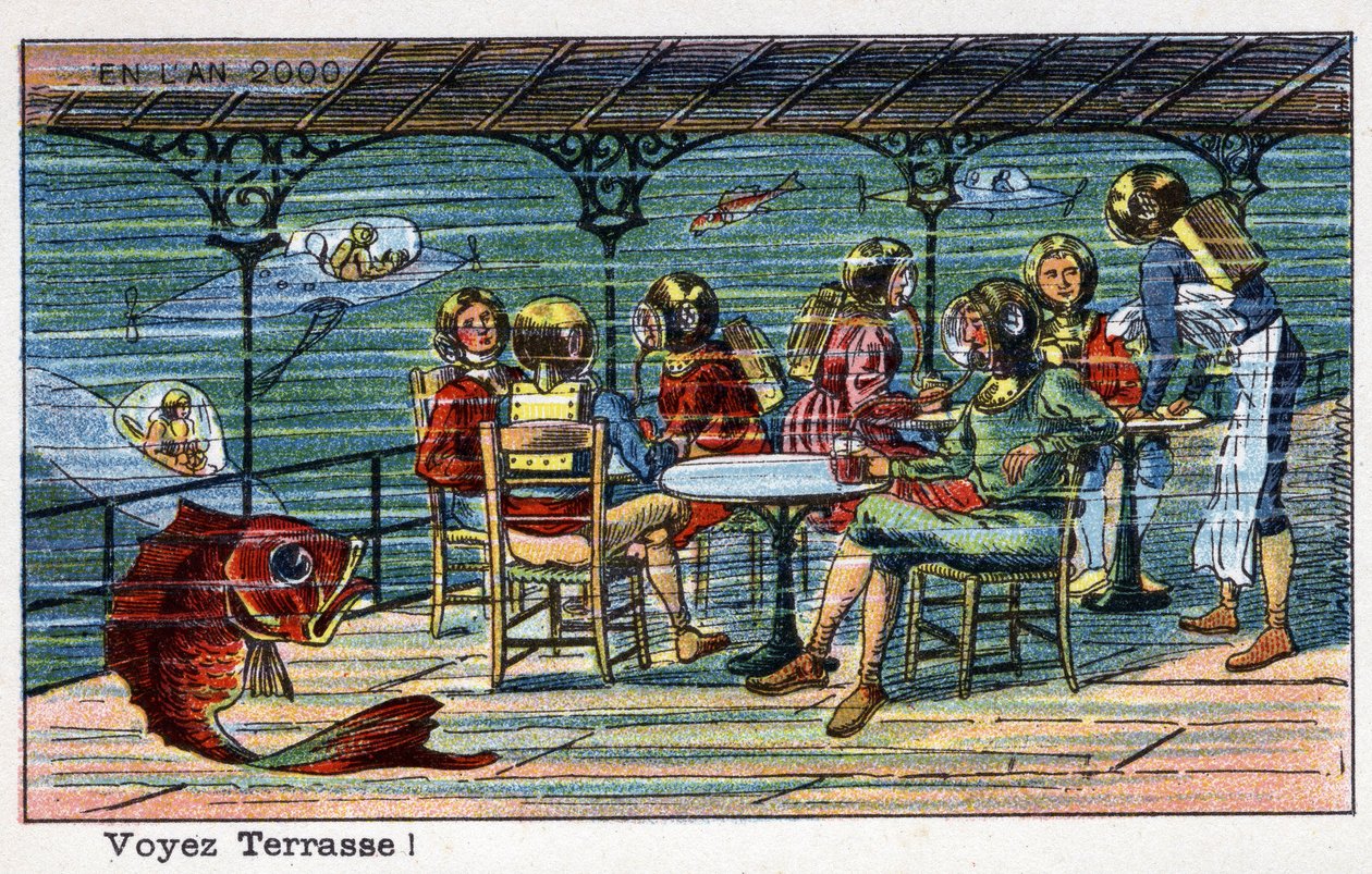 Futuredays: 1800-luvun visio vuodelle 2000 - Sarja “” Vuonna 2000”: Katso terassi (meren alla). Villemardin kromolitografia tekijältä French School