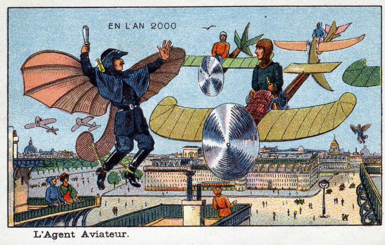 Futuredays: 1800-luvun visio vuodelle 2000 - Sarja "" Vuonna 2000": Lentäjä - Villemardin kromolitografia tekijältä French School
