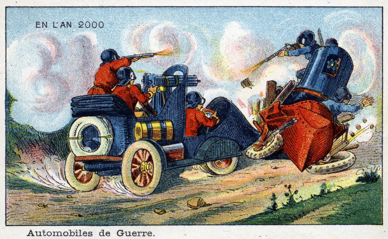 Futuredays: 1800-luvun visio vuodelle 2000 - Sarja "" Vuonna 2000": Automotive of War. Villemardin kromolitografia tekijältä French School
