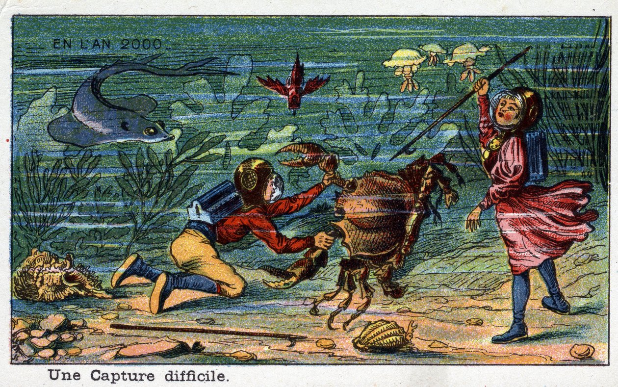 Futuredays: A 19th Century Vision of the Year 2000 -sarja: Vaikea vangitseminen (meren alla). Villemardin kromolitografia tekijältä French School