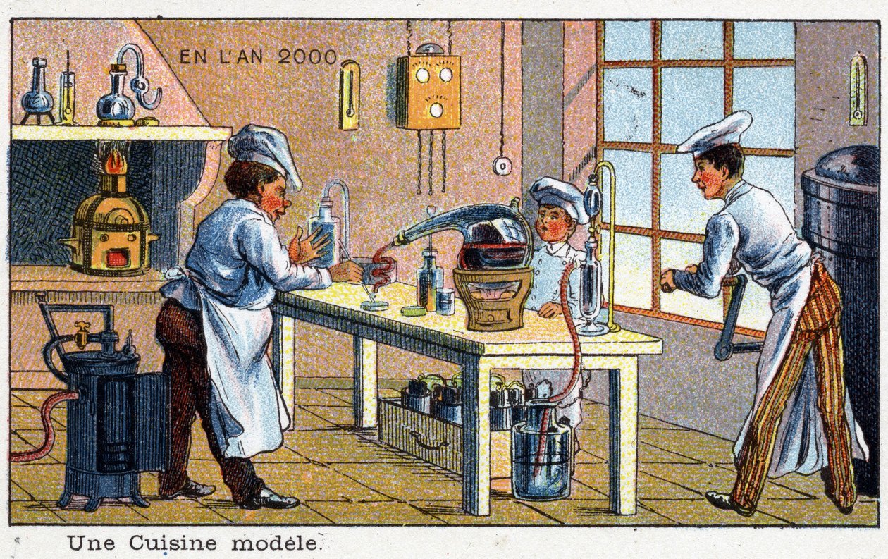 Futuredays: 1800-luvun visio Vuoden 2000 -sarjasta: Mallikeittiö. Villemardin kromolitografia tekijältä French School