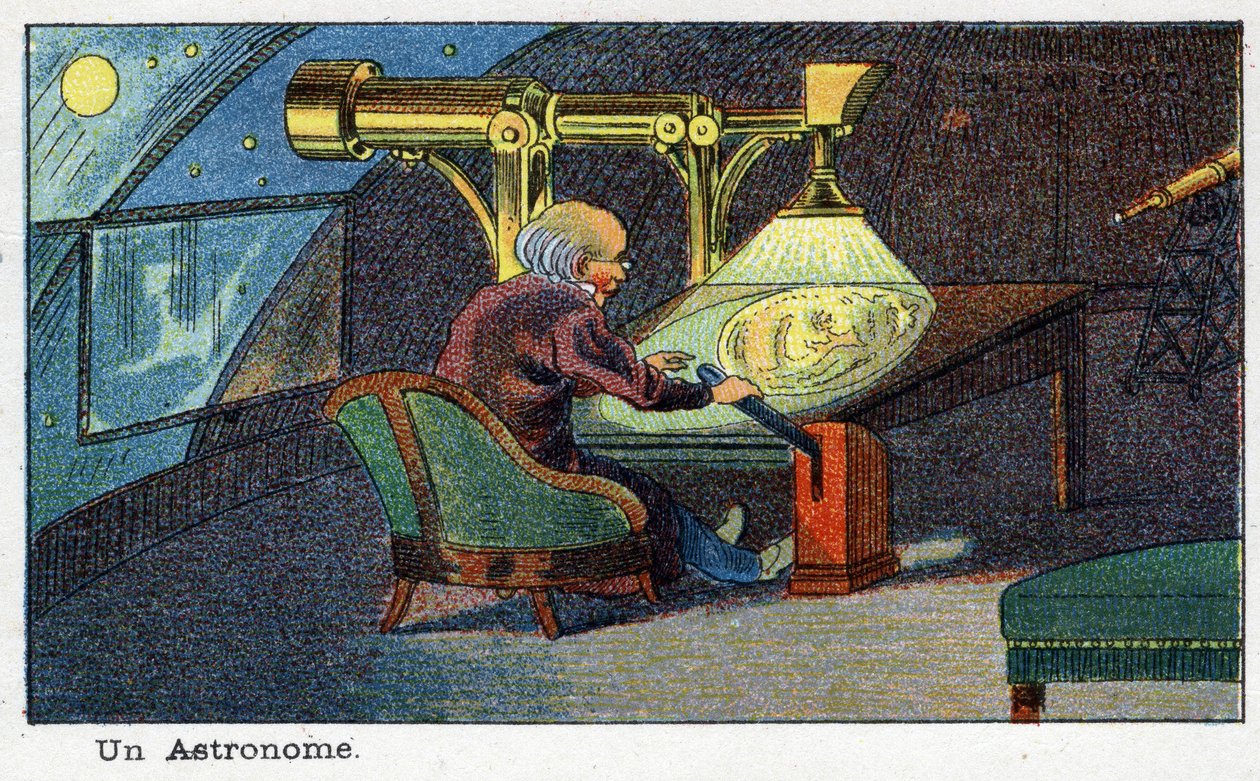 Futuredays: A 19th Century Vision of the Year 2000 -sarja: Tähtitieteilijä (työskentelee tietyn kaukoputken kanssa). Villemardin kromolitografia tekijältä French School