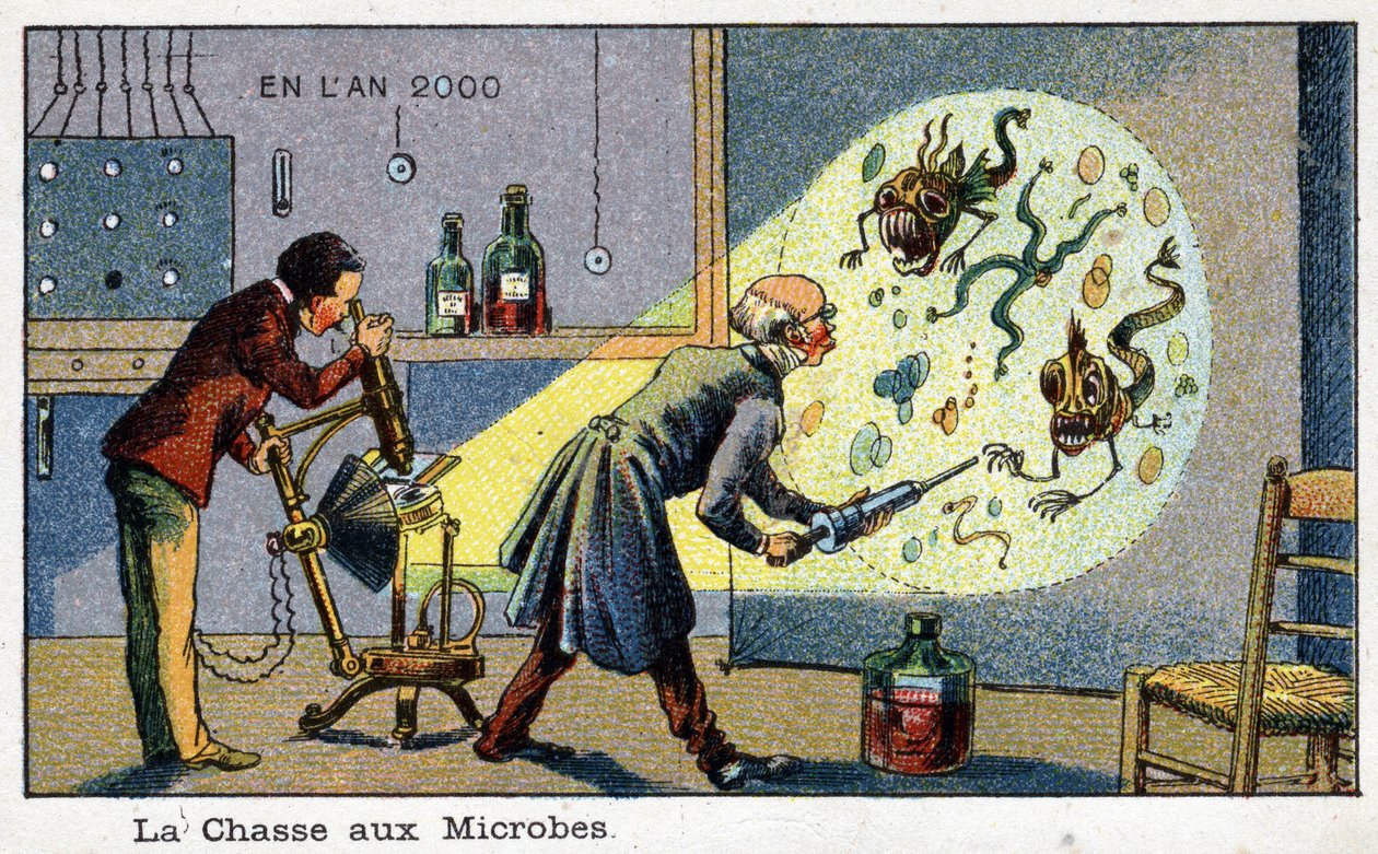 Futuredays: A 19th Century Vision of the Year 2000 -sarja: The Hunting of Microbes (2 tutkijaa, jotka poistavat laajentuneita mikrobeja koneella). Villemardin kromolitografia tekijältä French School