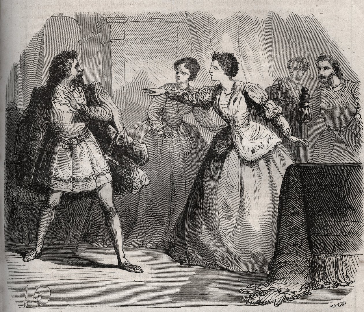 Gabrielle de Vergy kiistää sulhasensa Eudes de Fayelin, joka on kateellinen ystävyydestään serkkunsa Albert de Nozereaun kanssa. Kohtaus 1100-luvun legendasta. Kaiverrus vuodelta 1871 Henry de Kockin (1819-1892) teokseen "Histoire Des Cocus Celebres". tekijältä French School